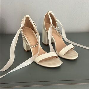 Women's Pearl-Embellished Satin Block Heel Sandals - Cream